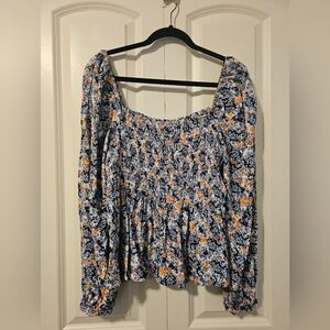 🔷️3 Items for$20🔷️ GEORGE Womens smocked Floral Blouse Top Blue & Orange SZ XL